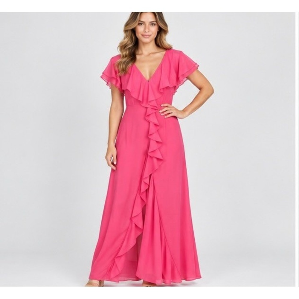 Yaura Womens UK 10 Pink Isioma Maxi Dress Ruffle V-Neck Flutter Sleeve Gown